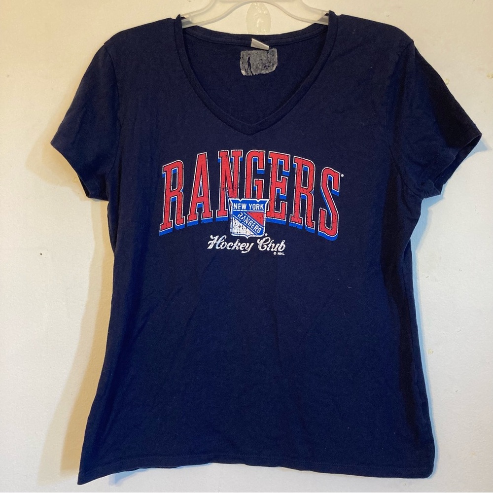 Hanes size M NHL NY Rangers navy blue short sleeved V neck t shirt